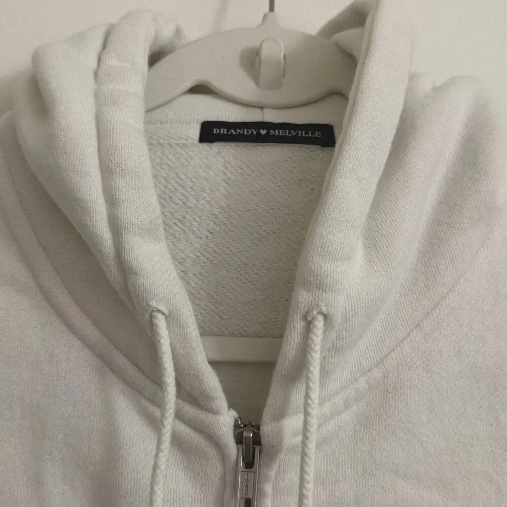 Brandy Melville Crystal Jacket OS‎ White Cropped Full Zip-Up Sweatshirt Hoodie